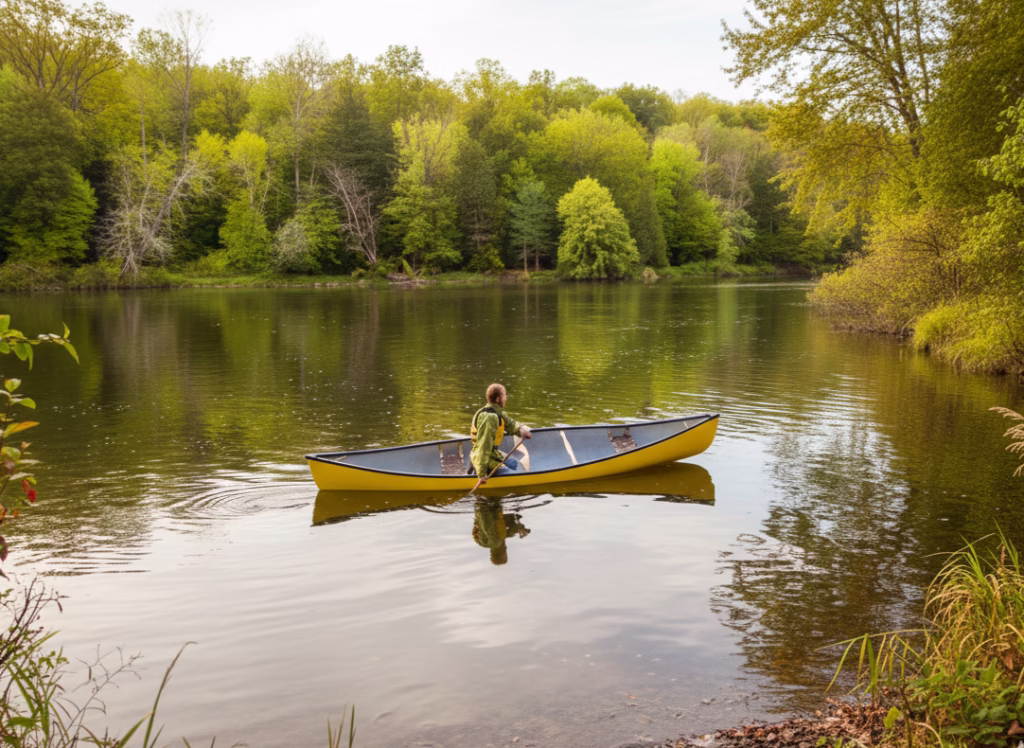 A canoeist solo paddling in a yellow canoe on the grand river in the spring