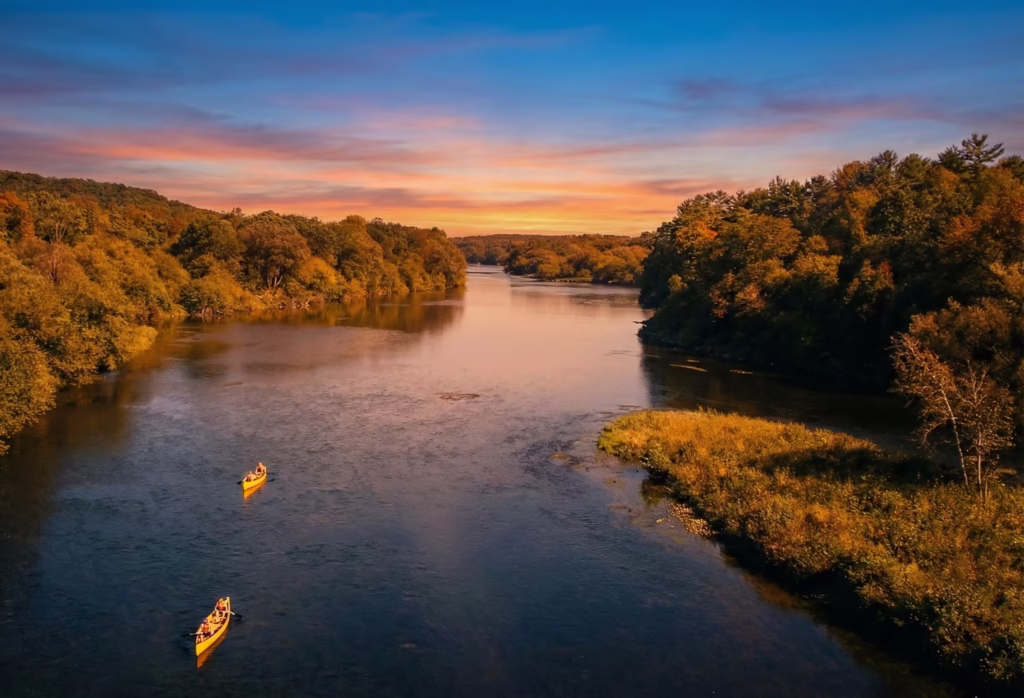 Yellow canoes in the distance paddling on the Grand River in Glen Morris