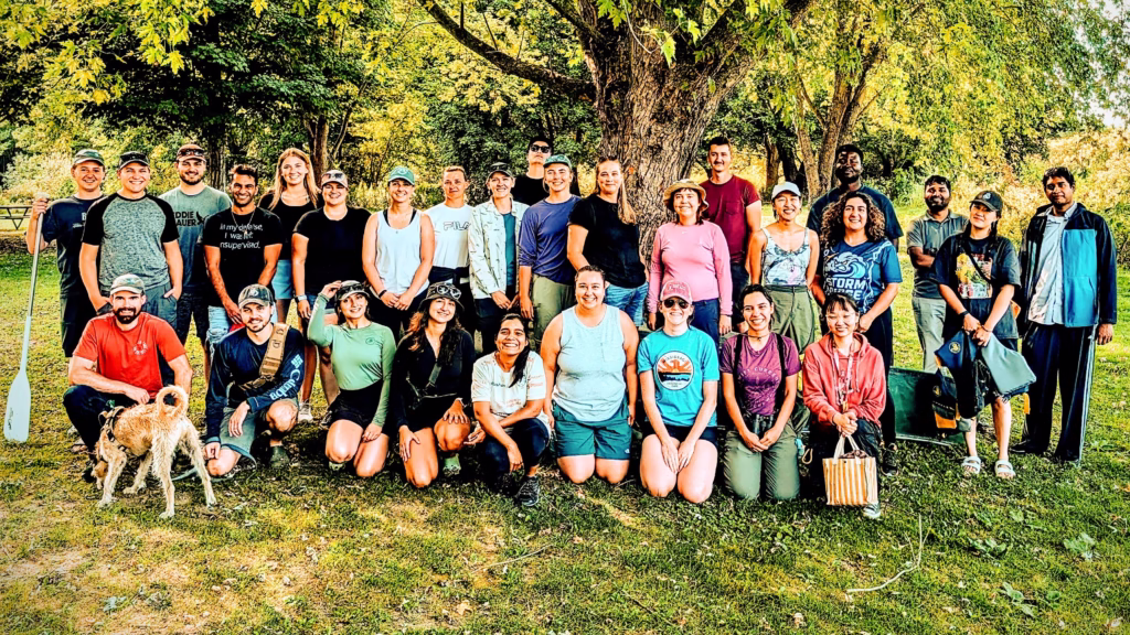 Corporate group after their canoe trip on the grand river in paris