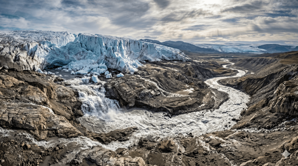 Illustration of a receding ice sheet carving a river valley