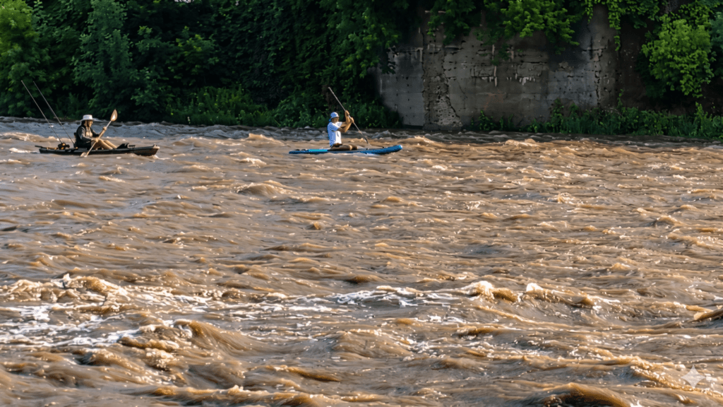 Two paddlers taking their chances on high river flows